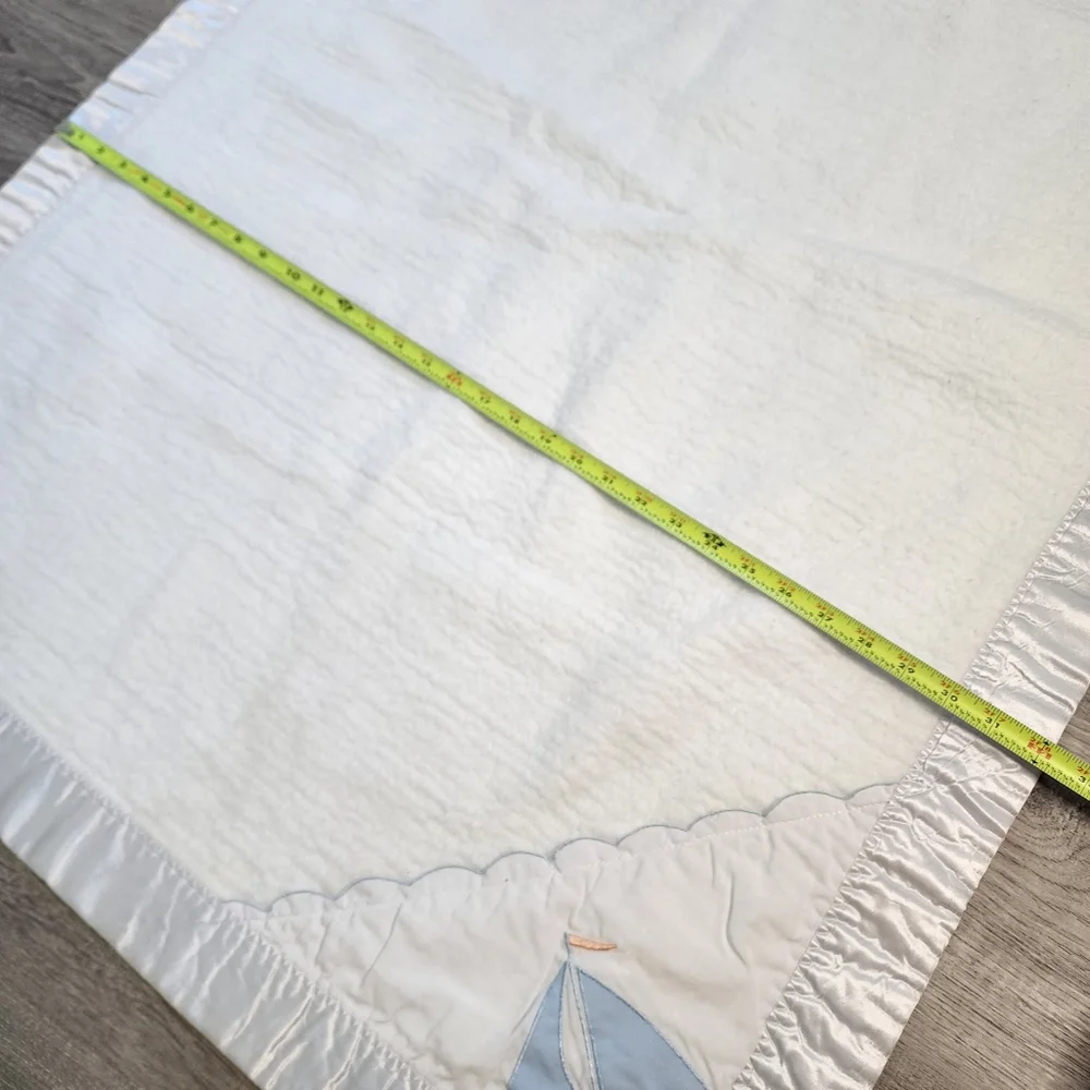 VINTAGE QUILTEX Sailboat Satin Trim Edge White Fleece Baby Blanket